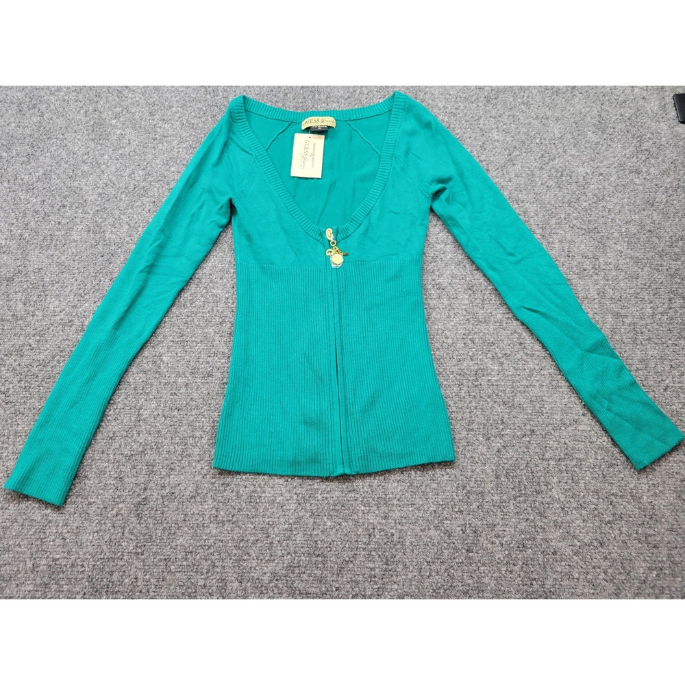 Vintage Guess Jeans Royal Jade Green V-Neck Zip Front Knit Top Logo Charm XS NWT